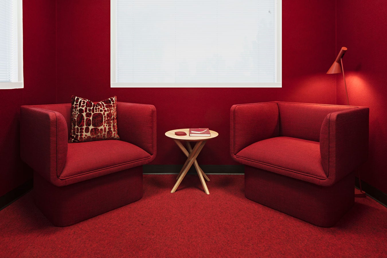 Red Couches and Work Space